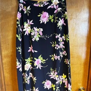 Vintage Koret Navy Blue Maxi Skirt with Pink and Green Floral Design